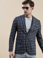 Men Navy Checked Casual Blazer-SOBLZ-022-5-Navyblue